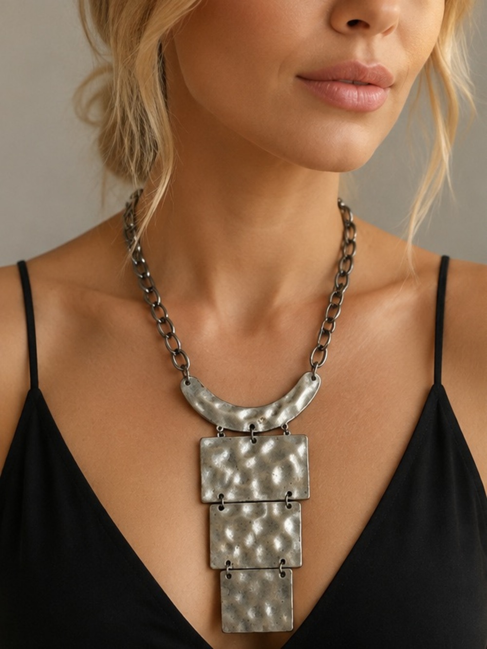 Silver Tone Hammered Geometric Boho Statement Bib Necklace